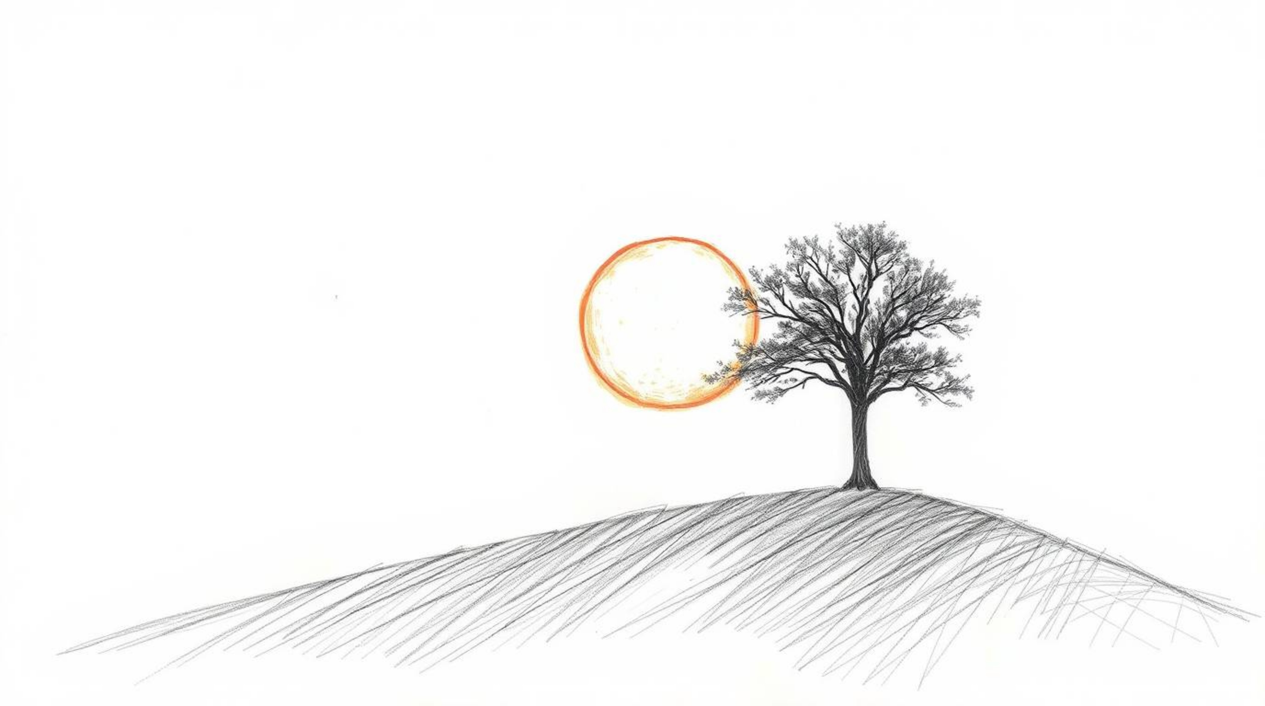 A captivating hand-drawn sketch depicting a lone tree silhouetted against a fiery sunset on a hill.  The artwork evokes an et