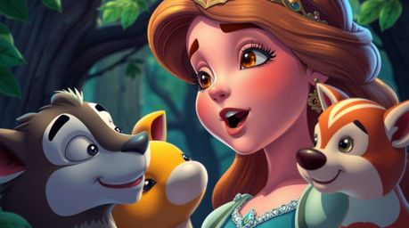 Experience a charming vintage 2D animation featuring a princess in tight close-up, joyfully singing alongside her forest anim