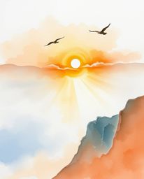 A delicate watercolor painting captures a sunset over a coastal cliff, featuring soaring birds. The artwork is characterized 