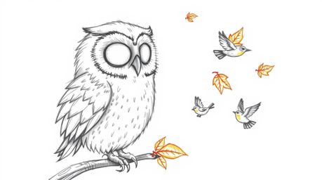 A heartwarming, Pixar-inspired hand-drawn sketch portrays a blind owl with soft, feathery detail, guiding small birds in thei