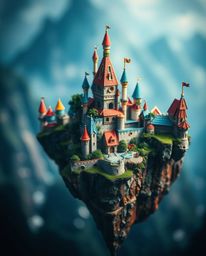 Discover a vibrant fantasy kingdom featuring majestic floating islands and castles, rendered in stunning detail with a blurre