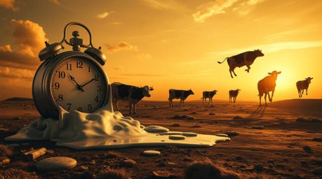 A captivating surreal dreamscape featuring melting clocks and floating cows, rendered in classic black and white photography.