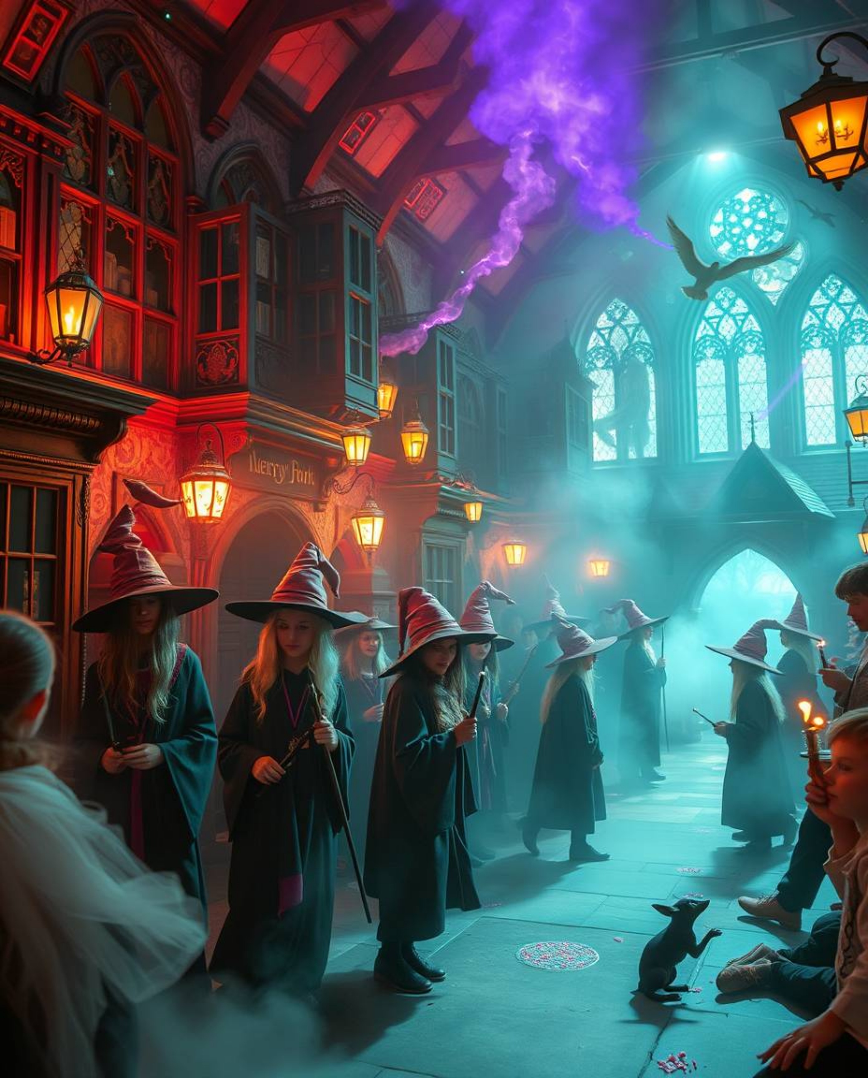 Explore a magical school brimming with young wizards and vibrant colors, where a soft, dreamy atmosphere creates a surreal an
