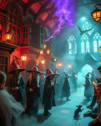 Explore a magical school brimming with young wizards and vibrant colors, where a soft, dreamy atmosphere creates a surreal an