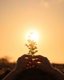 Experience the serene beauty of hands planting a tree under a golden sky, bathed in the warm, soft light of either sunrise or