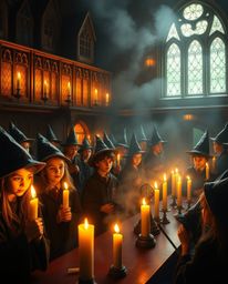 A magical school filled with young wizards is beautifully illuminated by warm candlelight.  The scene evokes a feeling of won
