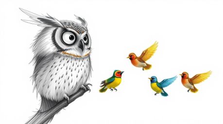 A heartwarming hand-drawn pencil sketch depicts a blind owl, in the style of Pixar, patiently teaching a flock of vibrantly c