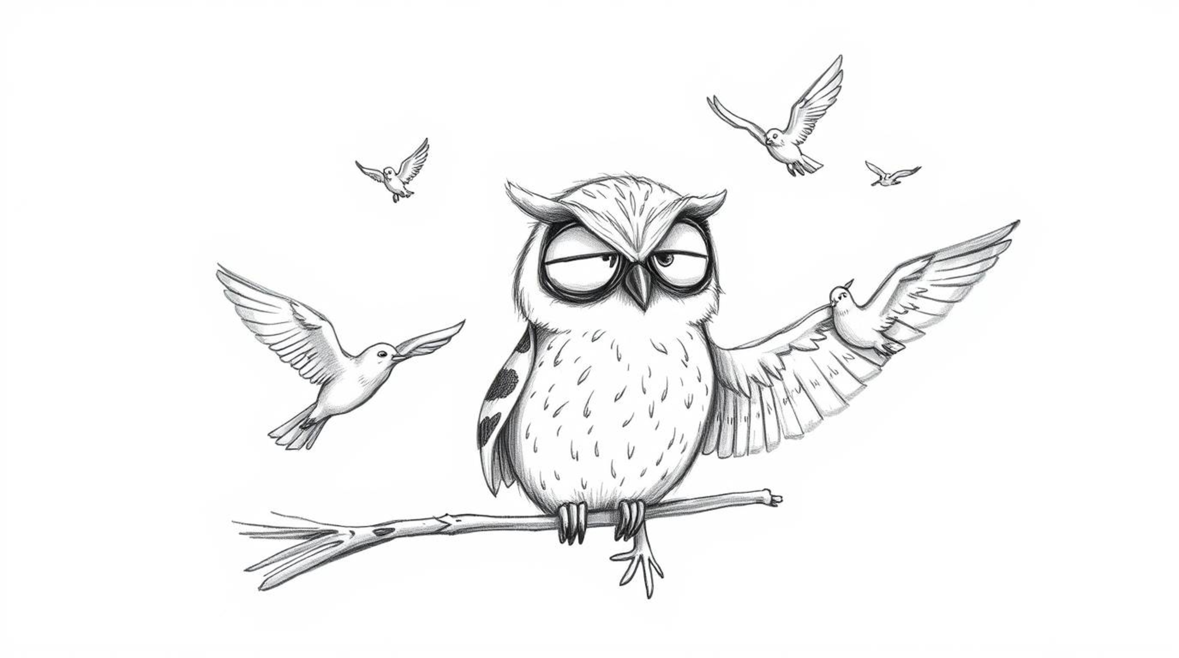 A heartwarming hand-drawn pencil sketch in the style of Pixar depicts a blind owl with gentle features teaching birds to fly.