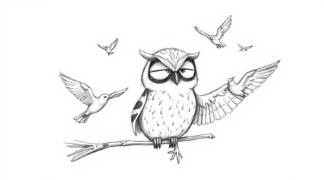 A heartwarming hand-drawn pencil sketch in the style of Pixar depicts a blind owl with gentle features teaching birds to fly.