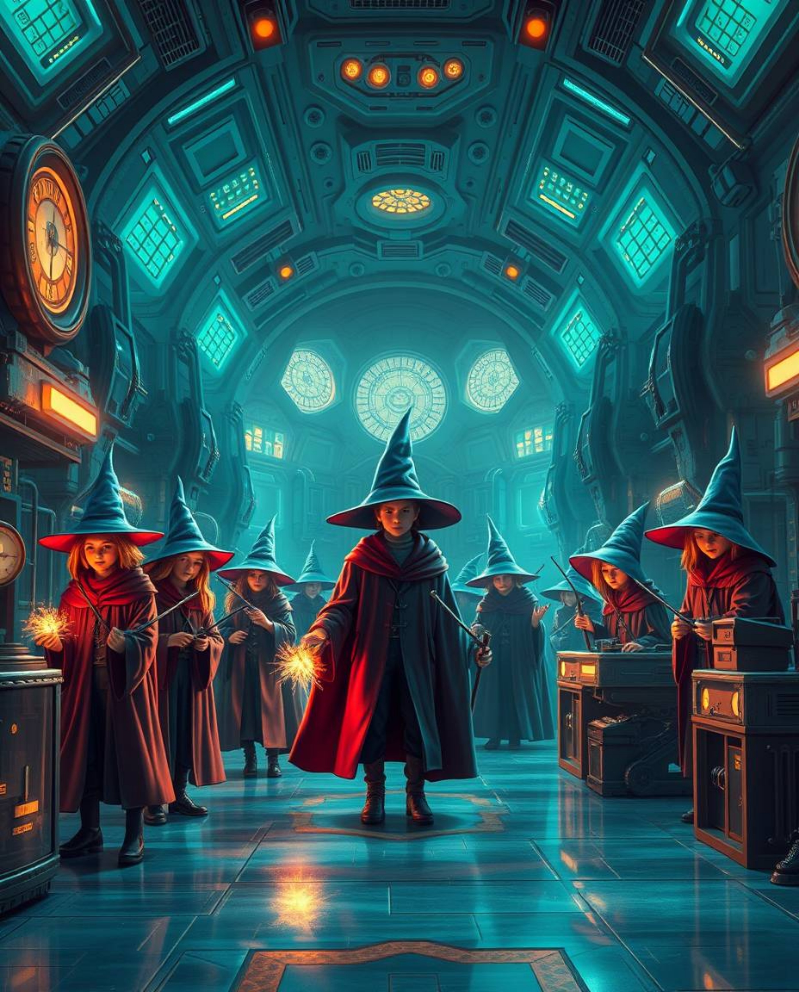 Imagine a magical school brimming with young wizards, reimagined in a stunning futuristic sci-fi style. Rich, deep teal hues 