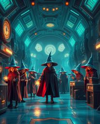 Imagine a magical school brimming with young wizards, reimagined in a stunning futuristic sci-fi style. Rich, deep teal hues