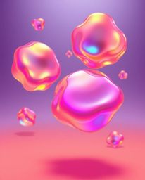 This digital illustration features floating 3D blobs of fluid jelly in a modern flat design style. The artwork boasts vibrant