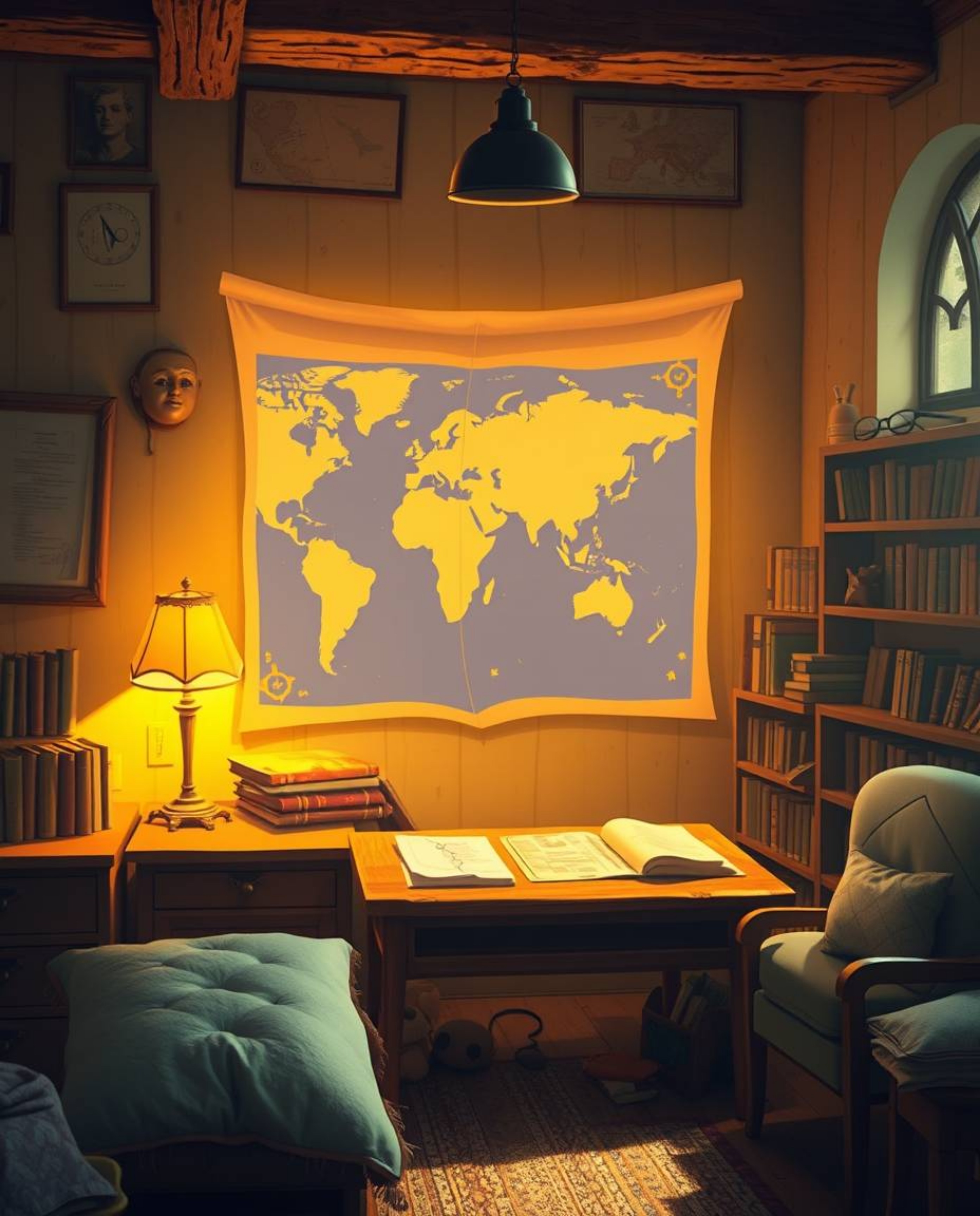 An adorable and cute depiction of a glowing map projection in an old study, bathed in warm golden hour light. The scene is fi