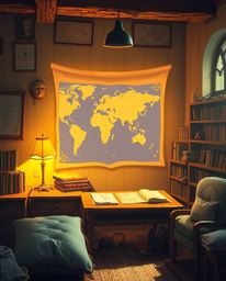 An adorable and cute depiction of a glowing map projection in an old study, bathed in warm golden hour light. The scene is fi