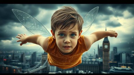 A young boy with refined features soars above a stormy London skyline, propelled by glittering pixie dust. This cinematic sce