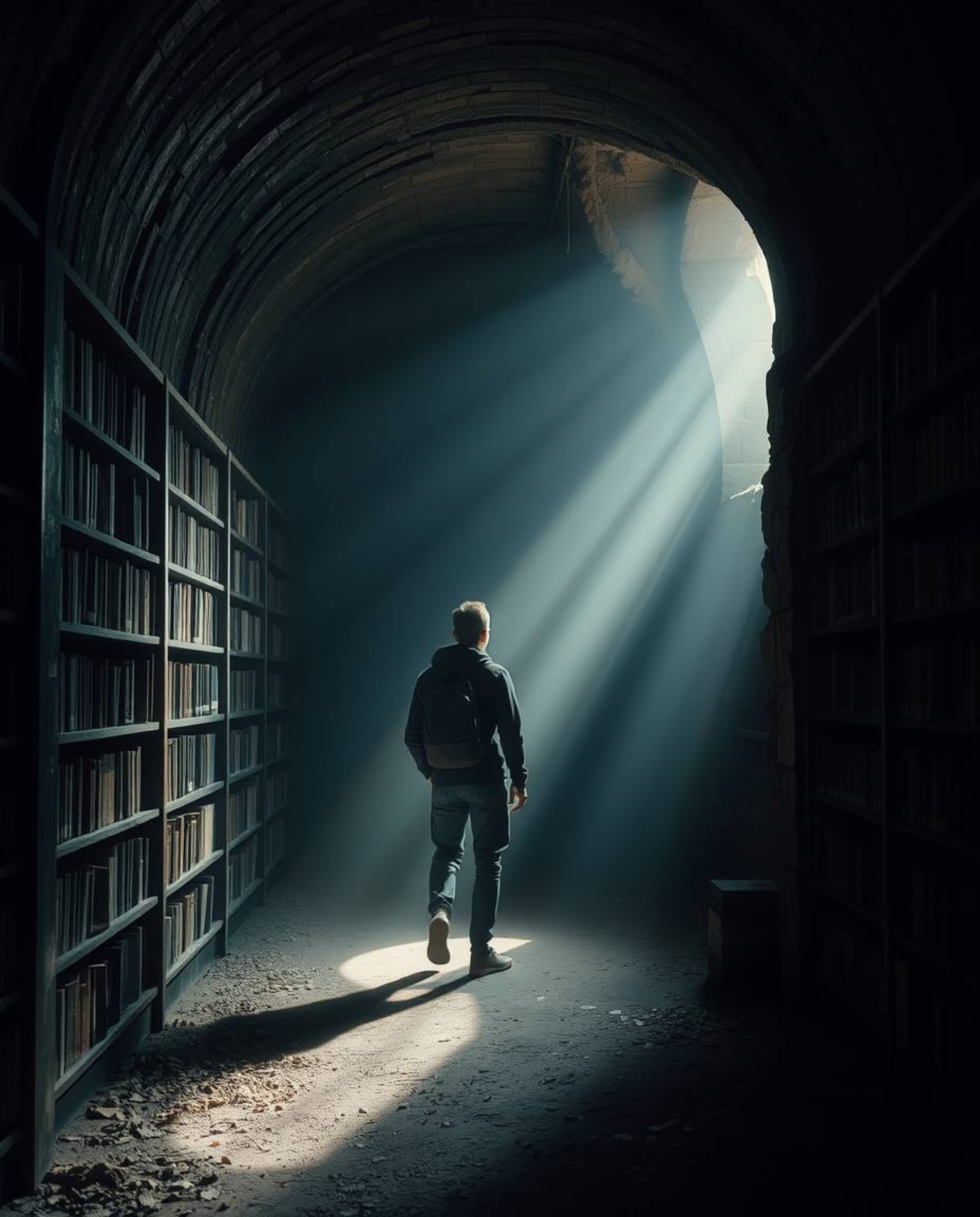 Imagine discovering a hidden underground library, bathed in a gentle, soft light that casts diffused shadows and subtle illum
