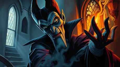 An intense and dramatic oil painting captures a classic Disney villain with sharp features and dark skin casting a spell with