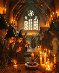 Immerse yourself in a magical school brimming with young wizards, bathed in the warm glow of candlelight. The scene is render