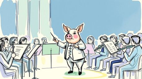 A whimsical hand-drawn sketch depicts a pig conductor leading an orchestra in a vibrant sketchnote style.  Cool blues, greens