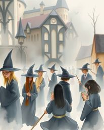 Immerse yourself in a delicate watercolor painting depicting a magical school bustling with young wizards. This artwork captu