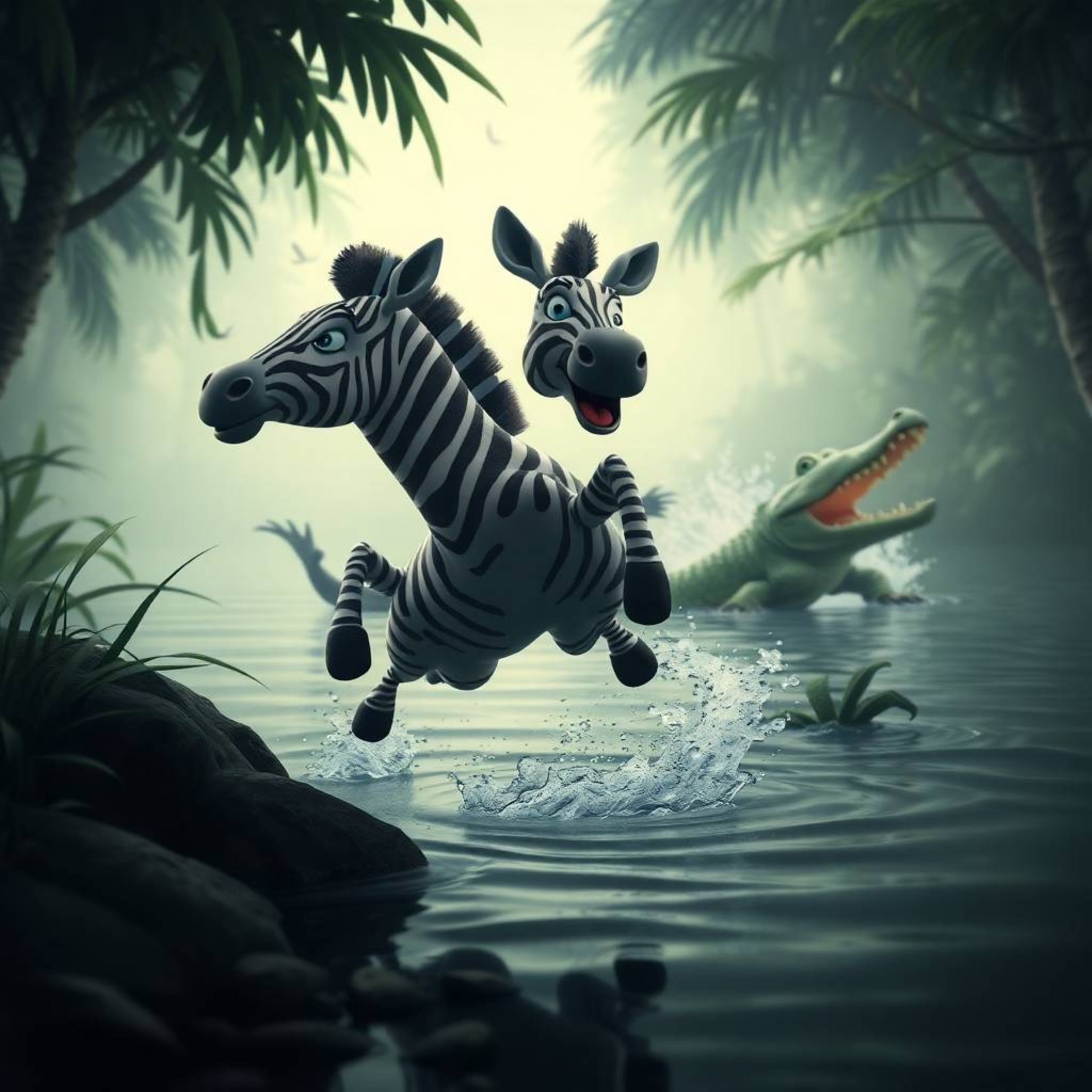 Experience a strong moody style with an ethereal spiritual vibe in this 3D cartoon rendering. A zebra, scared and alert, leap