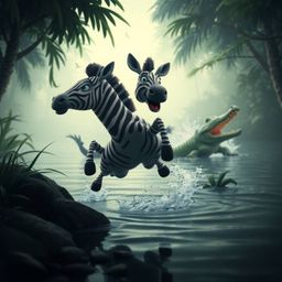Experience a strong moody style with an ethereal spiritual vibe in this 3D cartoon rendering. A zebra, scared and alert, leap