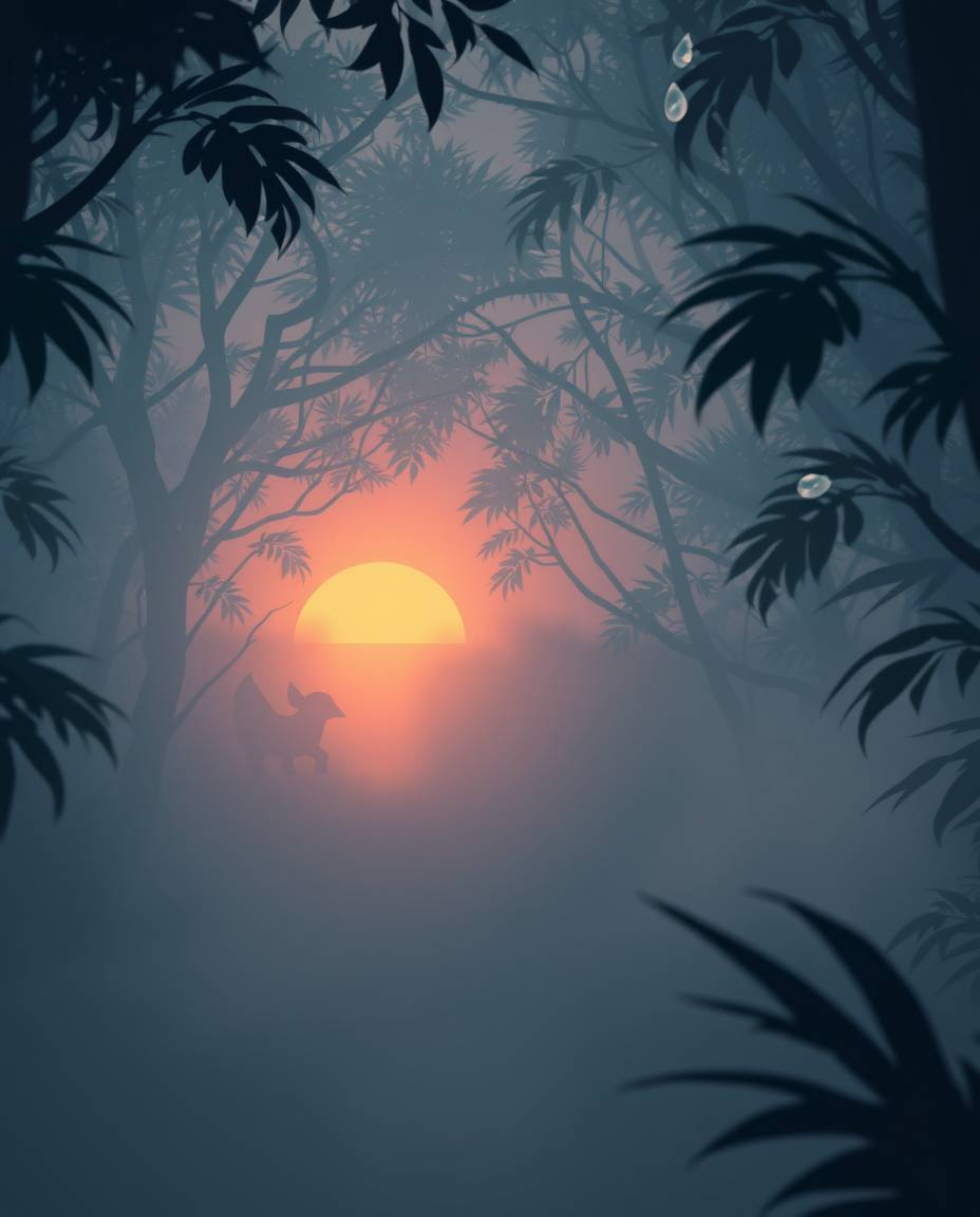 A digital illustration of an adorable and cute creature situated within a thick fog, as a sunset filters through a dense jung