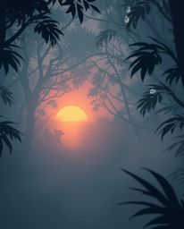 A digital illustration of an adorable and cute creature situated within a thick fog, as a sunset filters through a dense jung