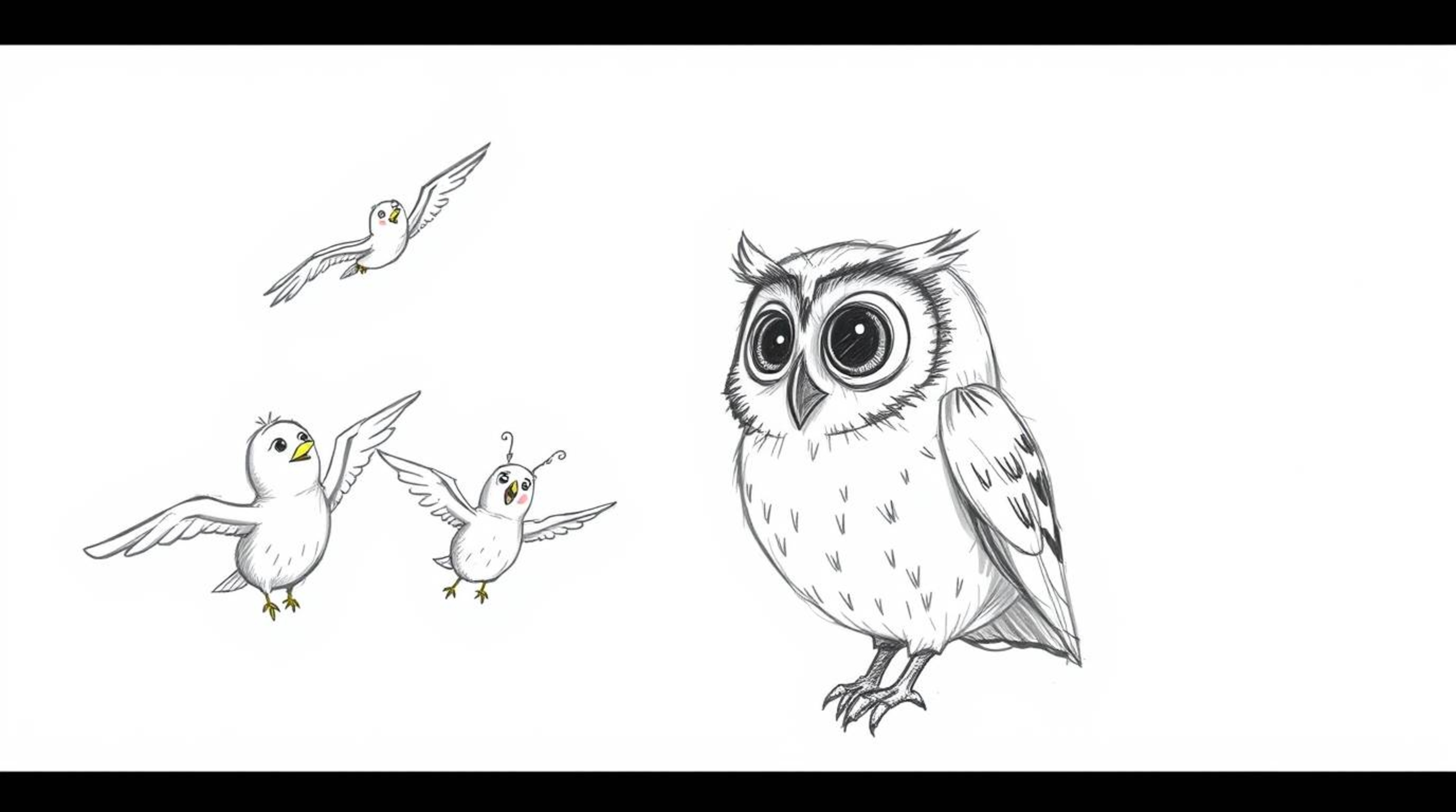 A heartwarming hand-drawn sketch, rendered in the signature Pixar style, depicts a kind, blind owl with gentle features guidi