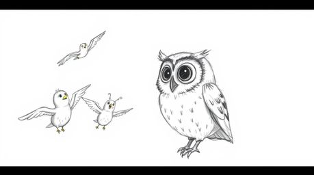 A heartwarming hand-drawn sketch, rendered in the signature Pixar style, depicts a kind, blind owl with gentle features guidi