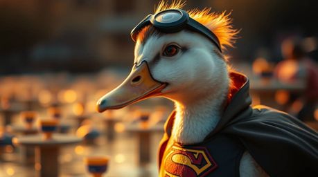 A close-up shot capturing a duck in a zany superhero costume, bathed in the warm, golden hour light, evokes a dreamlike and s