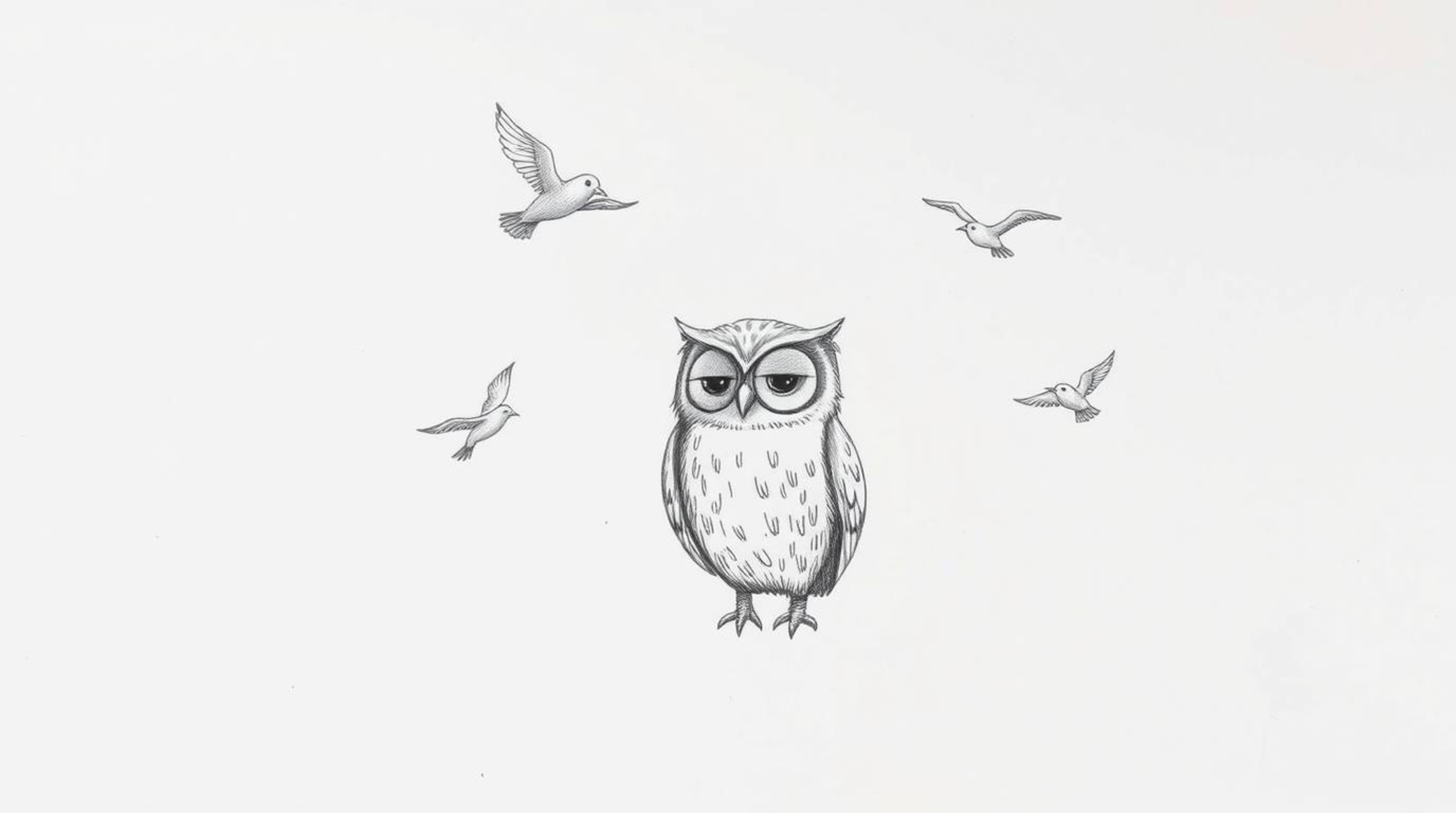 A heartwarming hand-drawn sketch depicts a blind owl, rendered in a soft Pixar style, patiently teaching a group of small bir