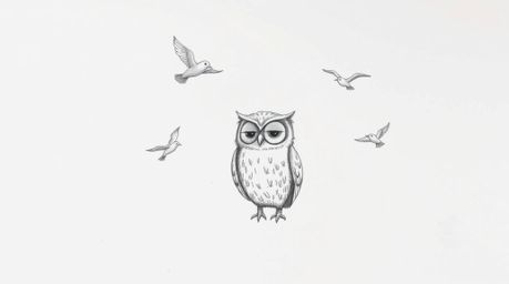 A heartwarming hand-drawn sketch depicts a blind owl, rendered in a soft Pixar style, patiently teaching a group of small bir