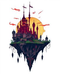 Explore a surreal floating island rendered in a traditional tattoo art style. This design features strange and intricate arch