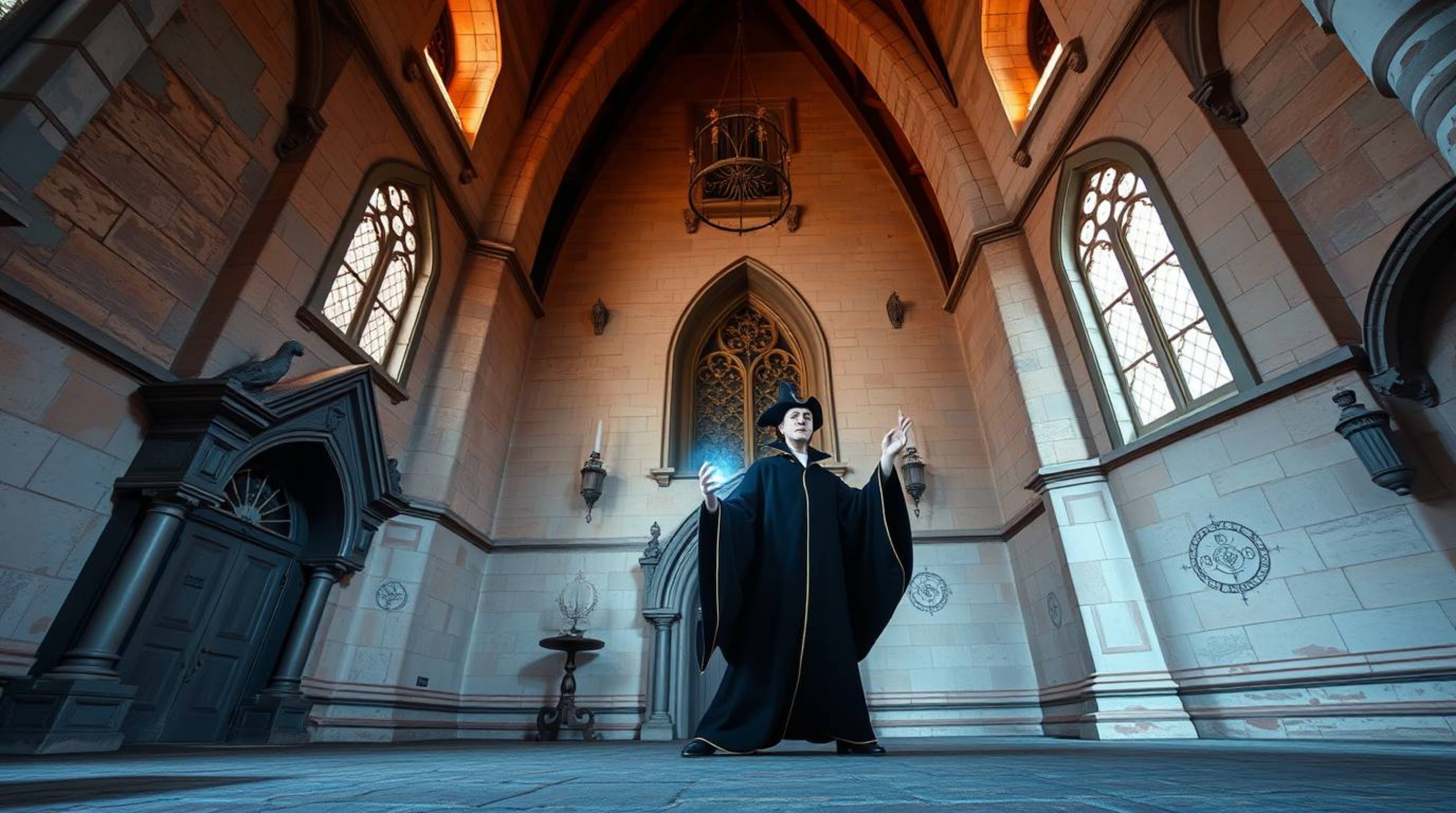 A precise architectural color photograph showcasing a classic Disney villain casting a spell within an old castle. The scene 