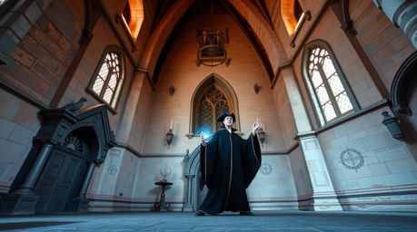 A precise architectural color photograph showcasing a classic Disney villain casting a spell within an old castle. The scene