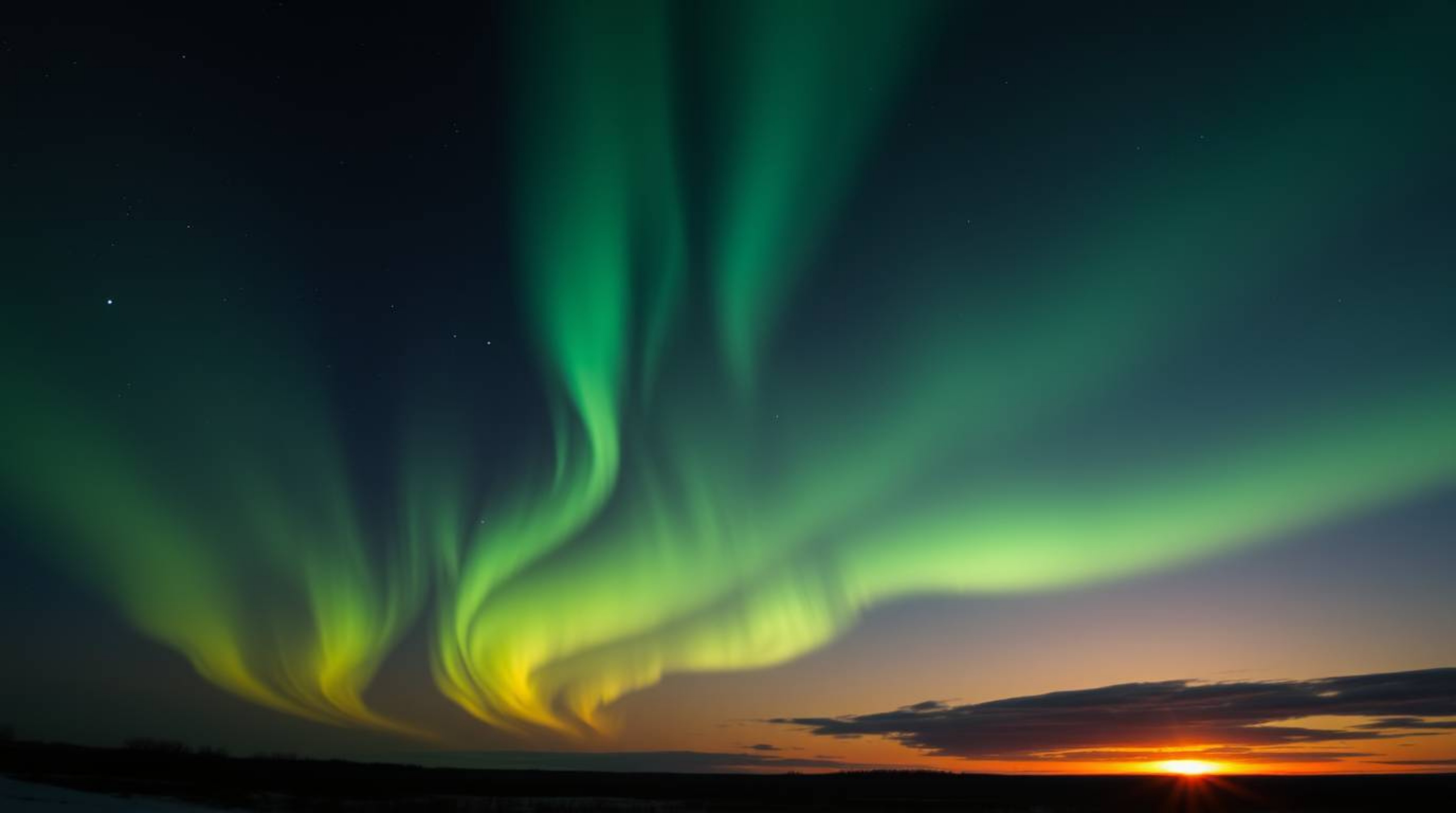 A captivating digital illustration depicting the enchanting Northern Lights beginning to emerge over a vibrant sunset sky.  R