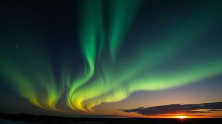 A captivating digital illustration depicting the enchanting Northern Lights beginning to emerge over a vibrant sunset sky.  R