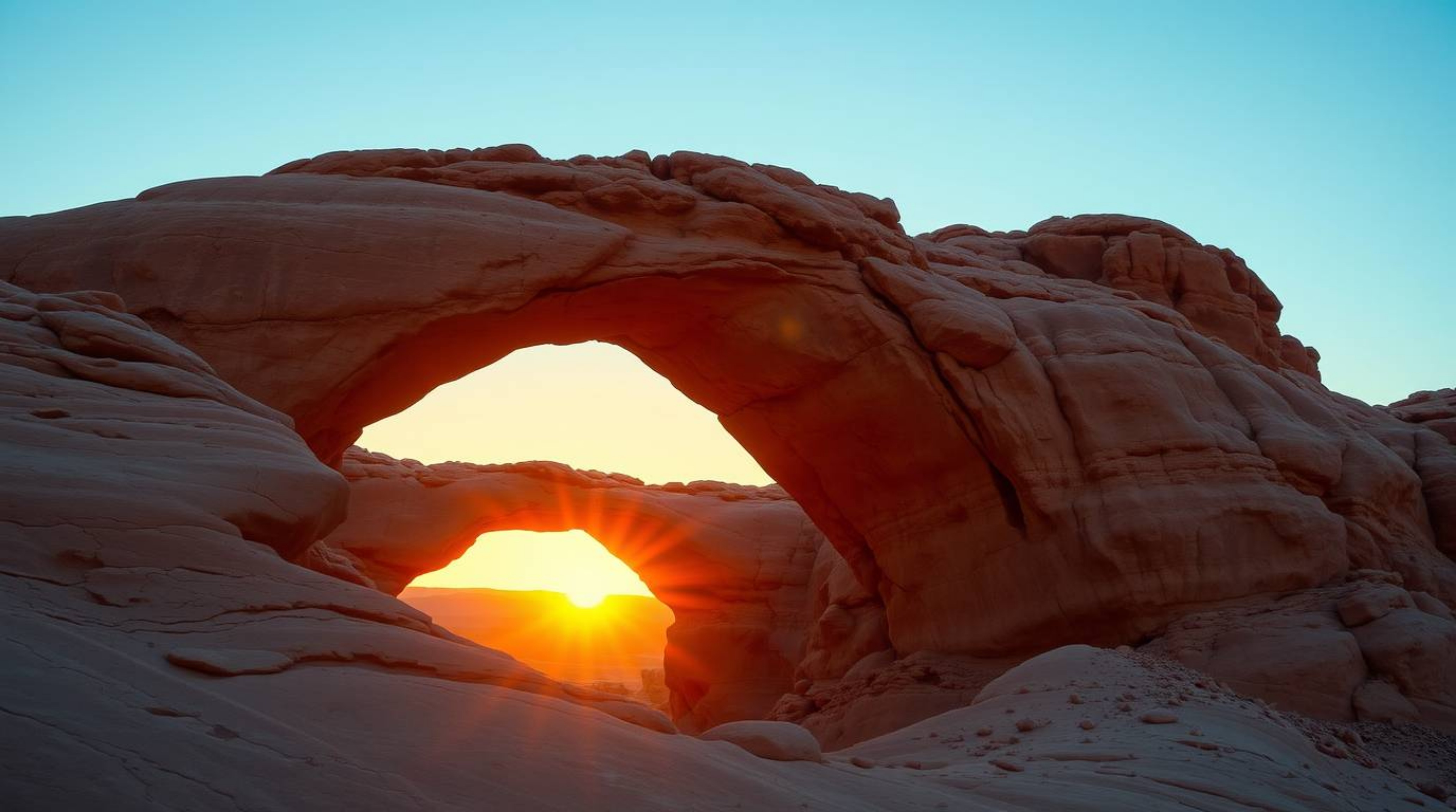 Capture the breathtaking beauty of a desert sunset framed by a natural rock arch with this precise architectural color photog
