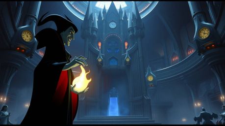 A classic Disney villain is depicted in a grand, epic scene within a futuristic castle, casting a spell under high contrast,