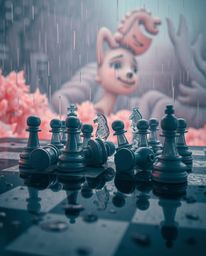 Explore a surreal and captivating infrared image depicting a chessboard frozen in a moment of chaotic destruction amidst a we