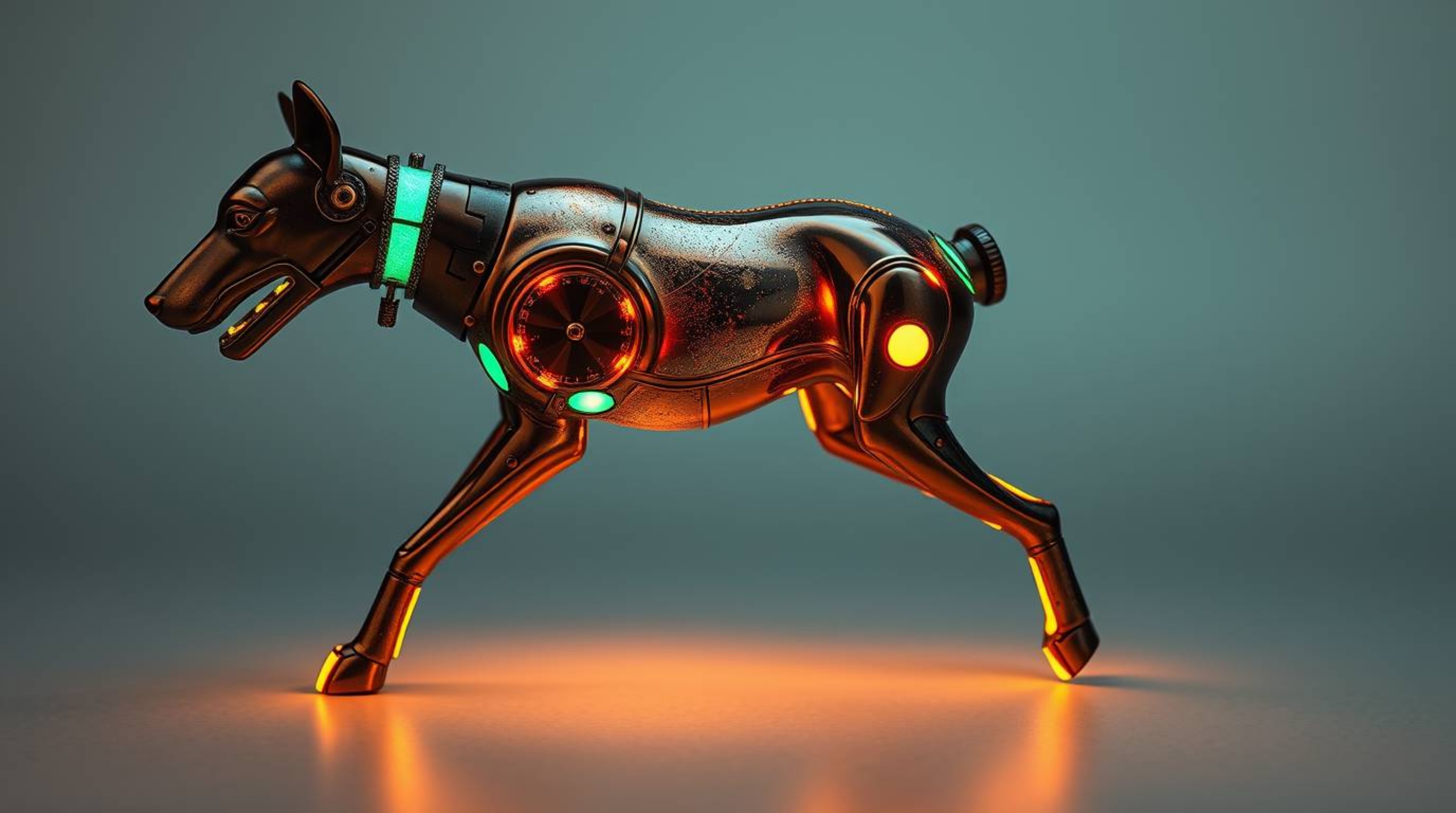 Witness a vision of the future with a dog autonomously exploring the cosmos. Crafted with a cast bronze surface and radiating