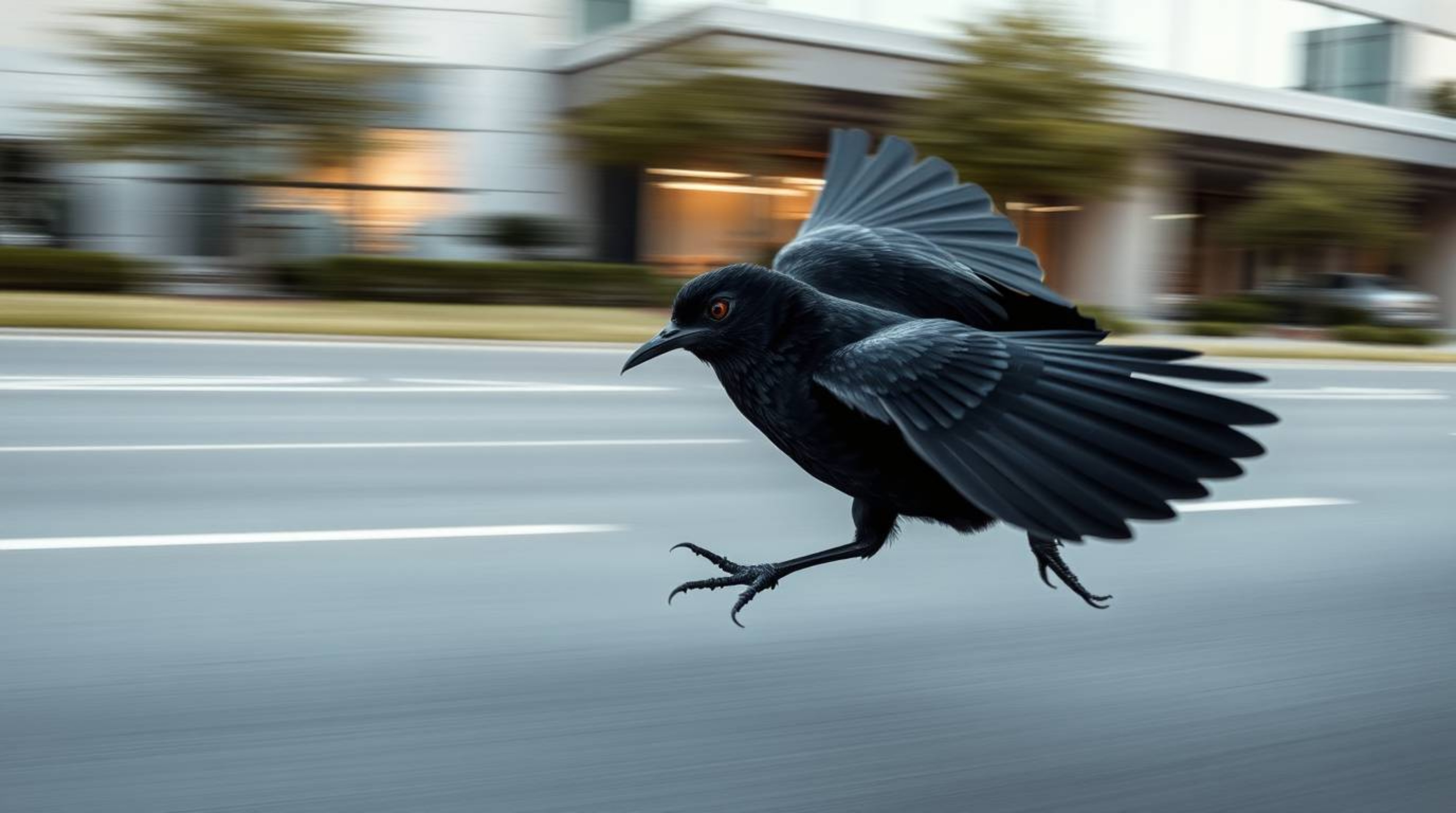 An architectural color photograph capturing a fast-running, intensely black bird zooming past traffic, characterized by deep 