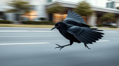 An architectural color photograph capturing a fast-running, intensely black bird zooming past traffic, characterized by deep 