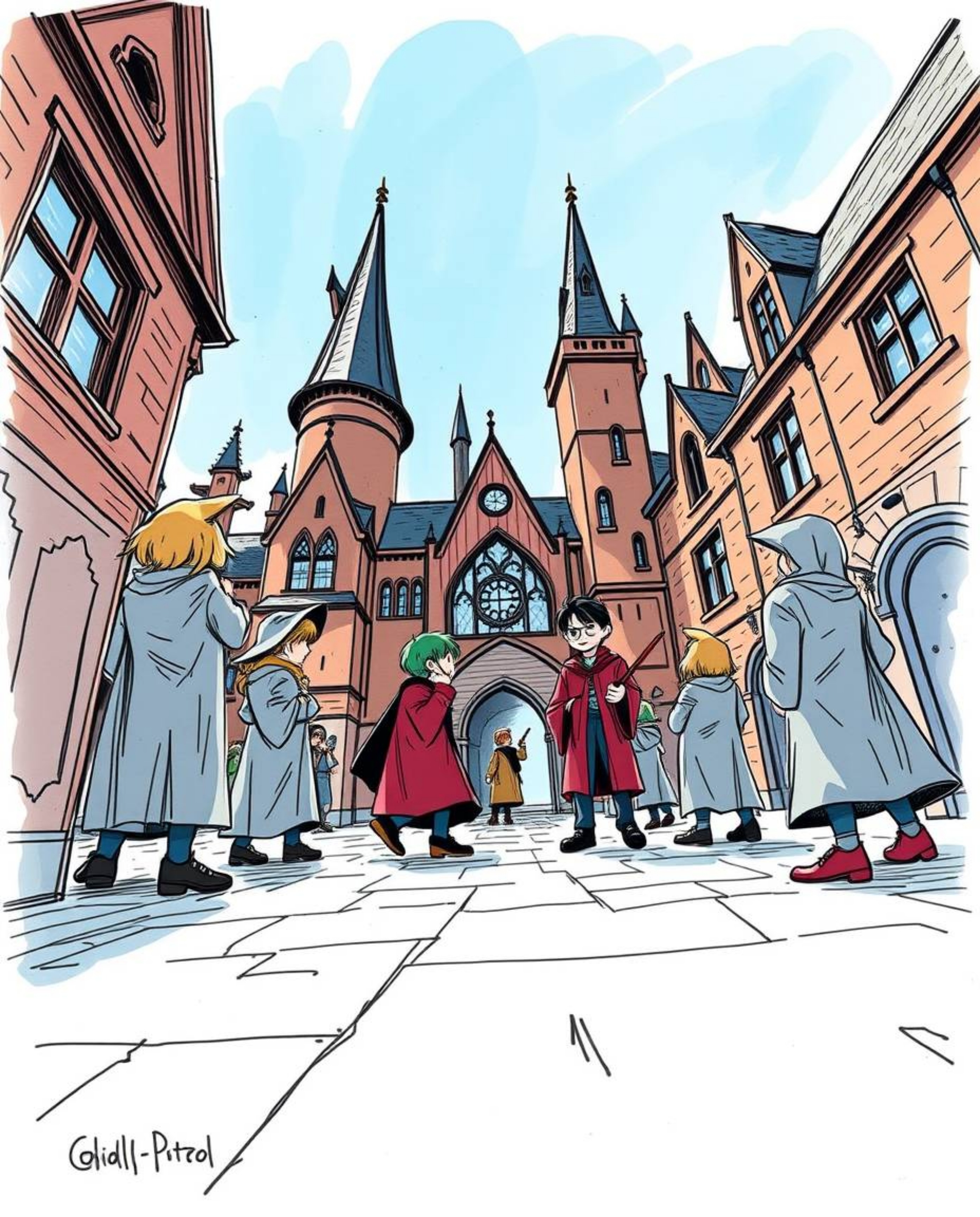 Explore a hand-drawn, low-angle sketch of a magical school teeming with young wizards. This dramatic perspective, rendered in