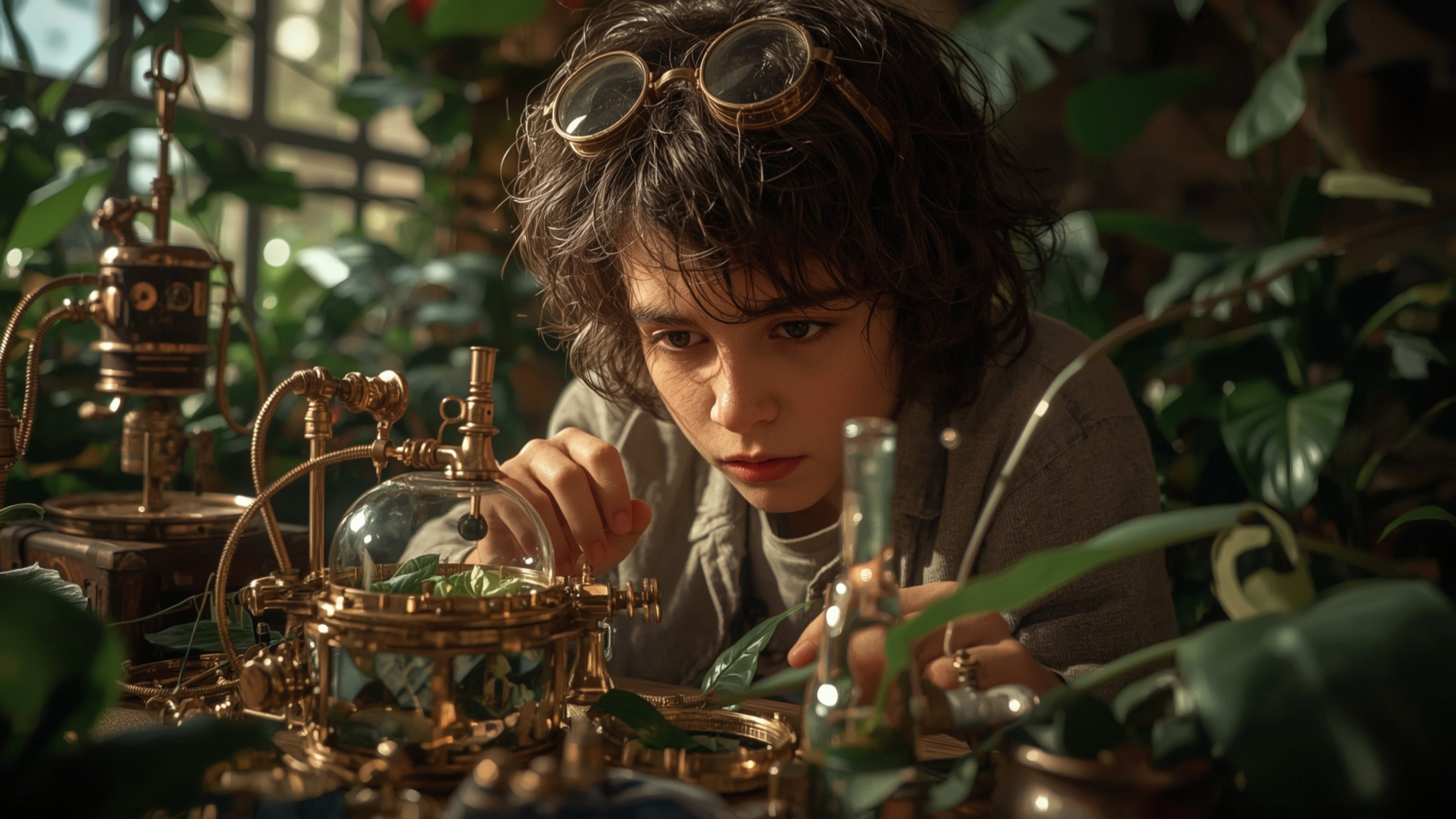 a highly detailed, cinematic photograph of a brilliant, freckled, homeschooled prodigy, reminiscent of Pixar's whimsical styl