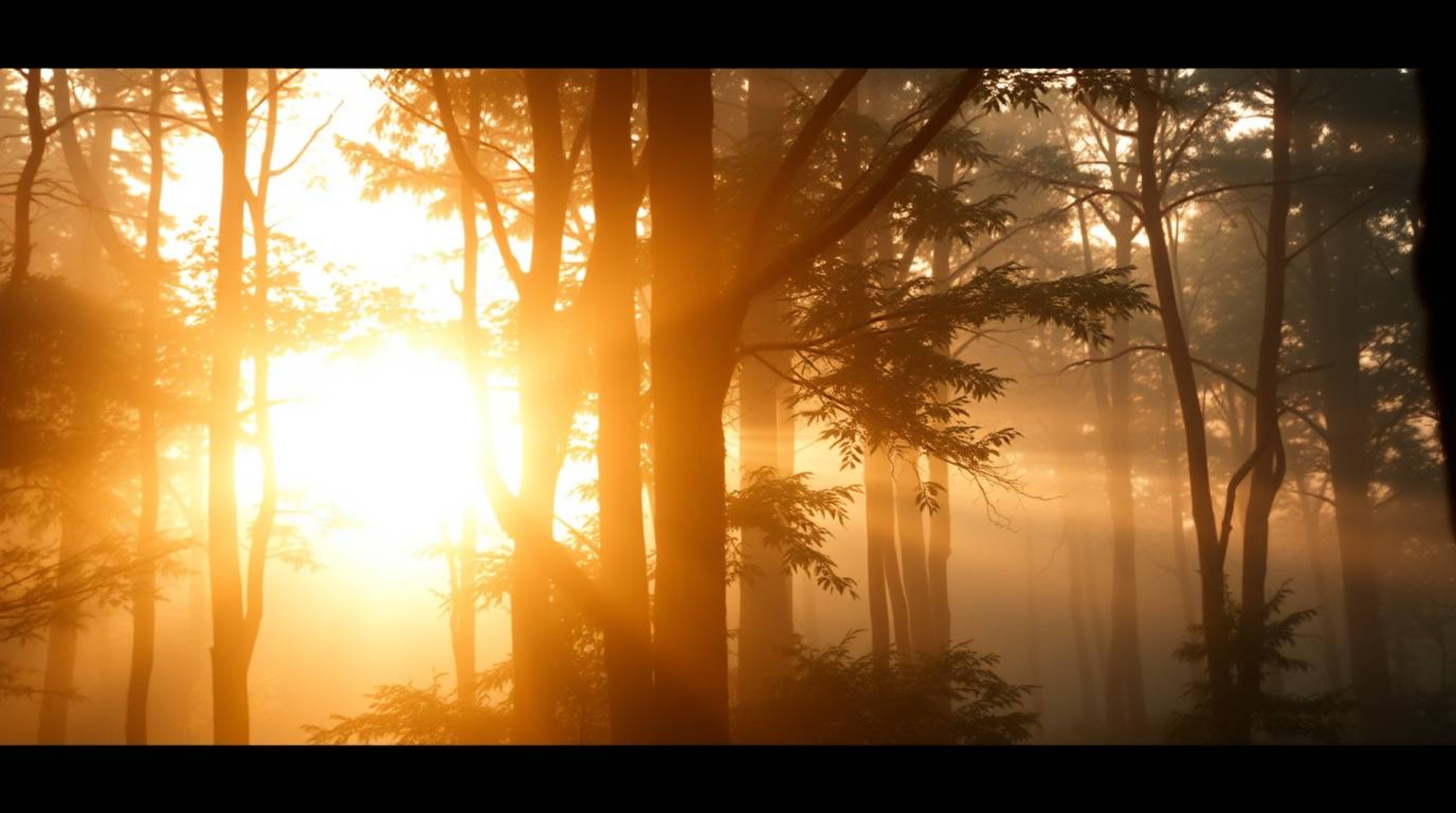 A captivating photograph showcases the ethereal beauty of a sunset filtering through a dense forest.  Soft cinematic haze cre