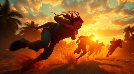Experience a thrilling chase scene bathed in the warm, golden light of either sunrise or sunset. This animation features a ri