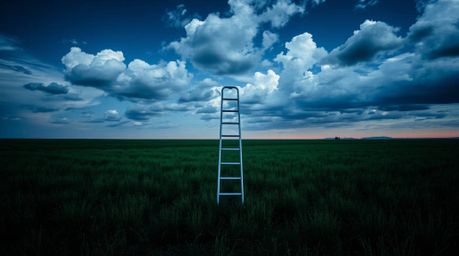 A minimalist scene featuring a silver ladder in an open field beneath a vast, cloudy sky, illuminated with glowing biolumines