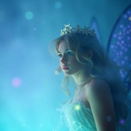 Experience the magic of a soft cinematic haze and cool colors, featuring a fairy godmother gracefully appearing in a swirl of